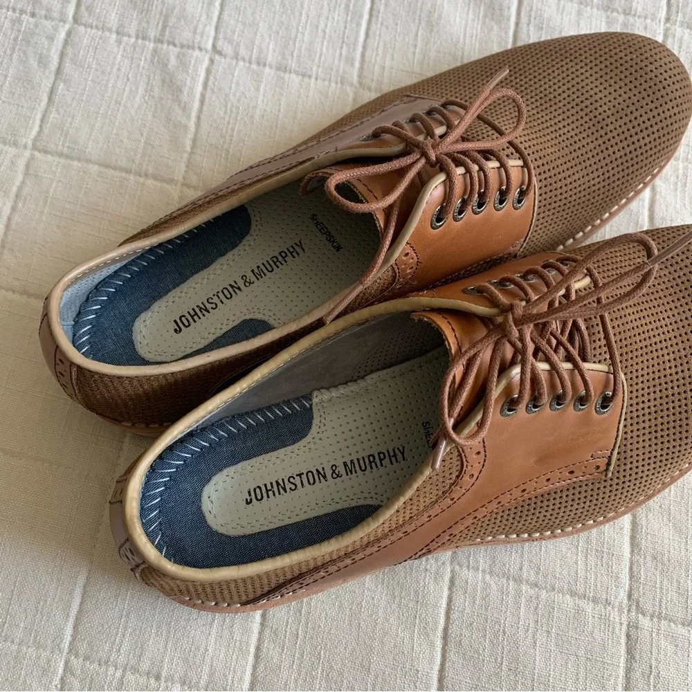 Johnston & Murphy Mens Tan Sheepskin Perforated Oxfords‎ Size 9
